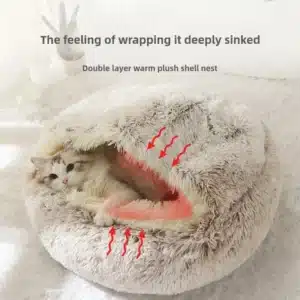 Round plush calming pet bed with raised edges for dogs and cats