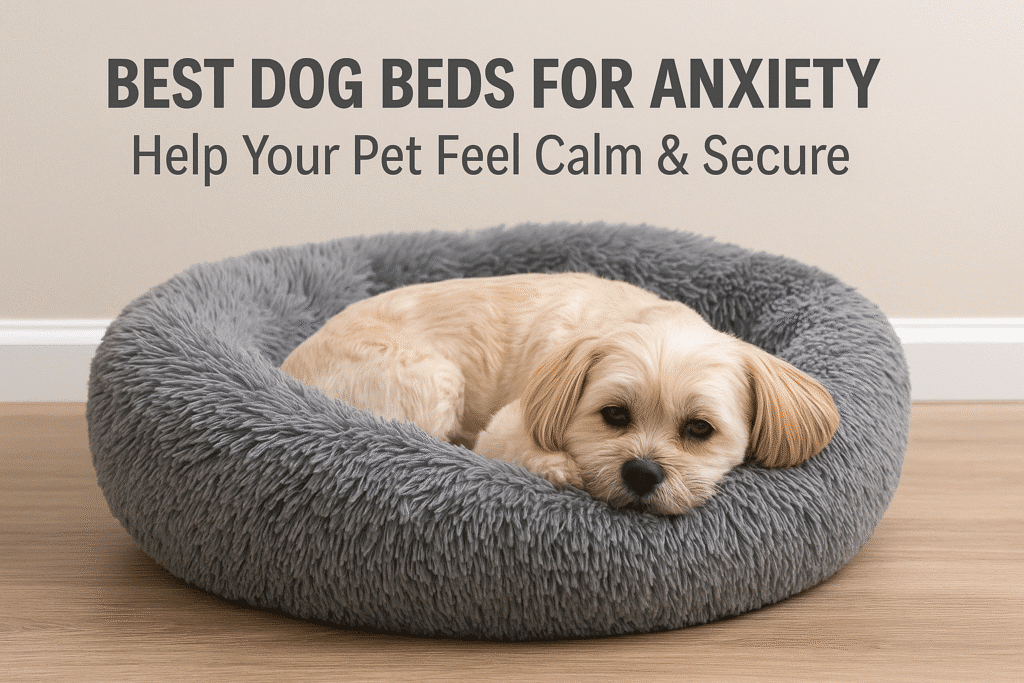 Small tan dog resting peacefully in a round gray plush calming dog bed on a wooden floor, promoting best dog beds for anxiety.