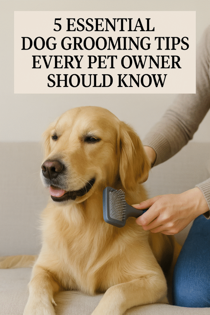 Golden retriever being gently brushed by owner during grooming session, highlighting essential pet grooming care.