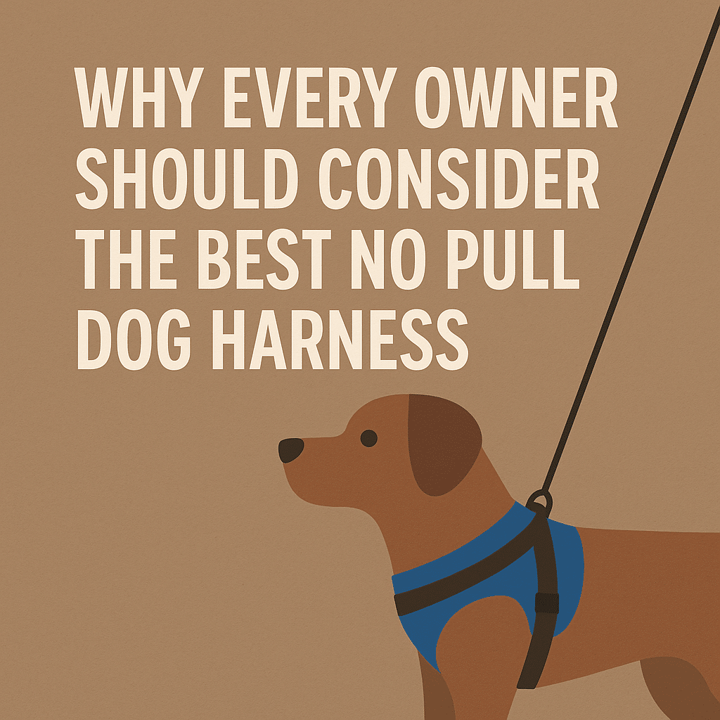 Illustration of a dog wearing a no-pull harness during a walk, used as a featured blog image for an article on why every owner should consider the best no pull dog harness.