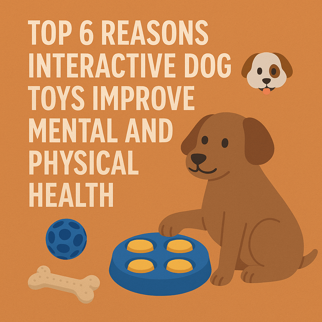 Illustration of a playful dog with interactive toys such as a puzzle feeder, ball, and bone, used as a featured blog image for an article on the top reasons interactive dog toys improve mental and physical health.