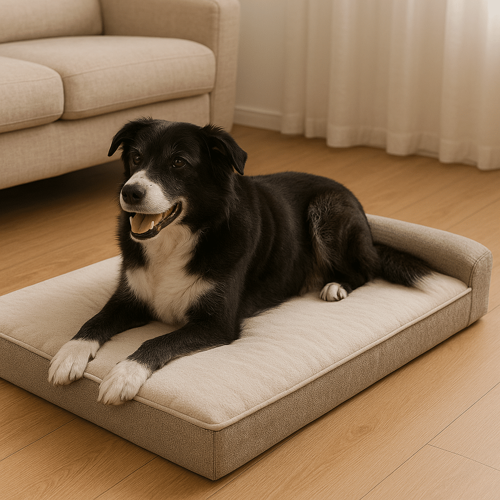 Senior Border Collie resting on a beige orthopedic dog bed in a cozy living room.