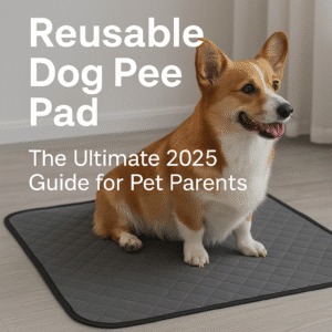 Happy corgi puppy sitting on a reusable dog pee pad in a clean modern living room – eco-friendly washable pet training pad