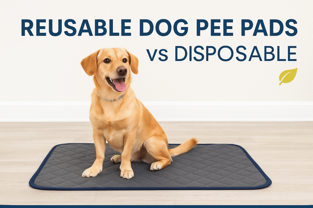Reusable Dog Pee Pads vs Disposable – happy dog sitting on an eco-friendly reusable pee pad indoors with blue and yellow branding accents.