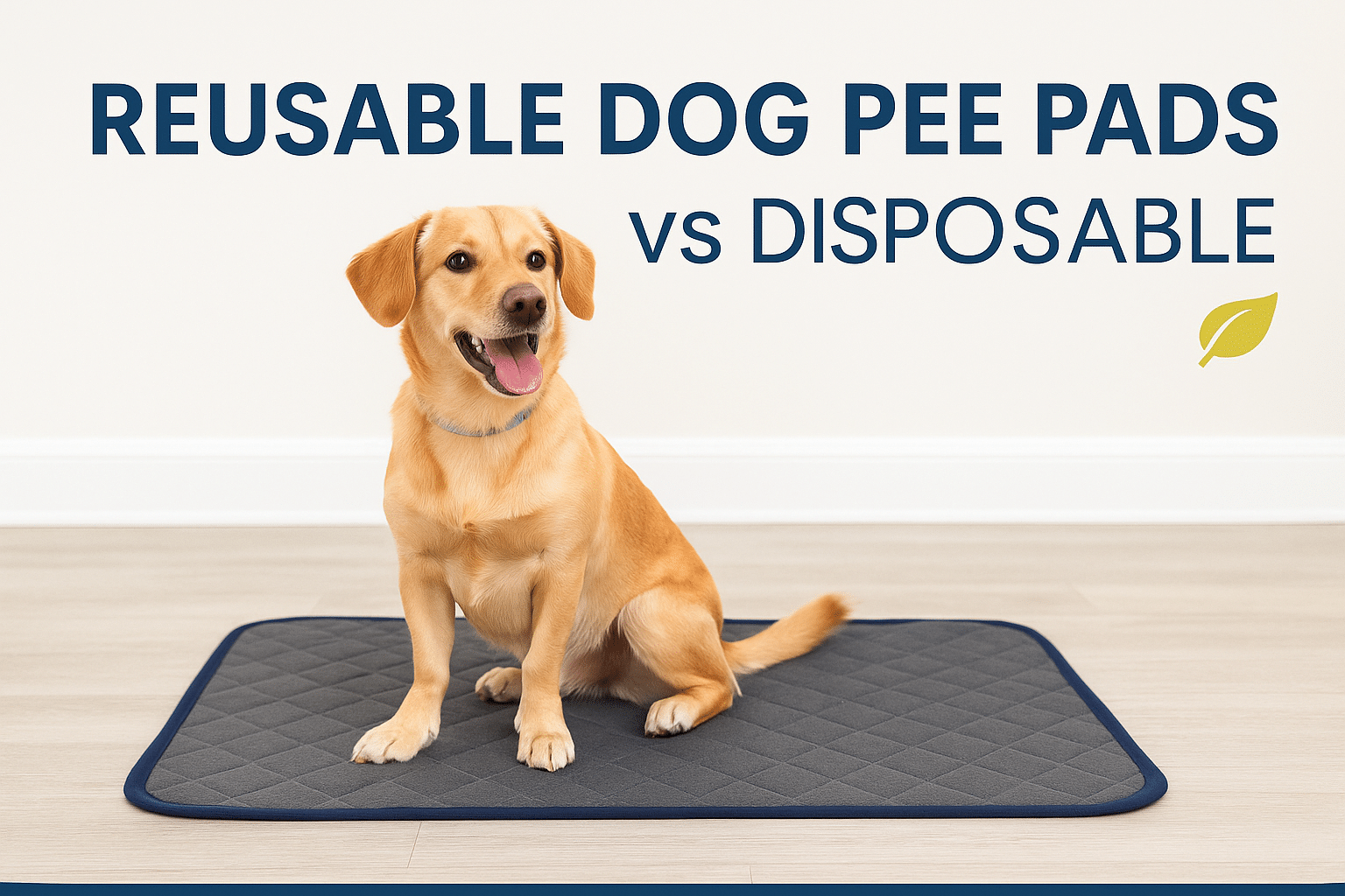 Reusable Dog Pee Pads vs Disposable – happy dog sitting on an eco-friendly reusable pee pad indoors with blue and yellow branding accents.