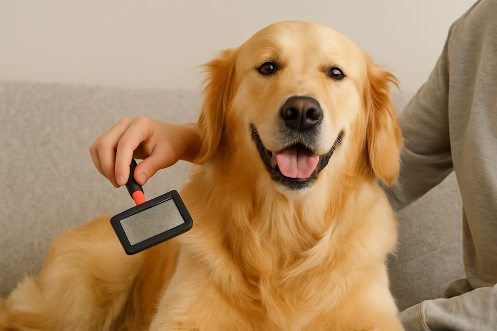 Golden Retriever being brushed at home during grooming session, happy and relaxed