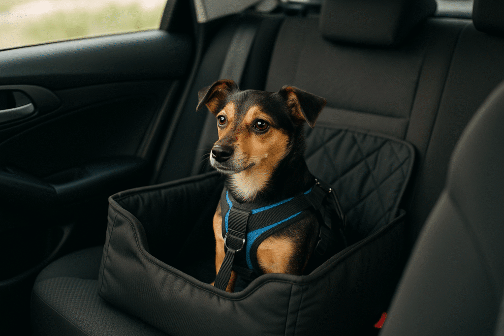 Dog safely secured in car seat with harness