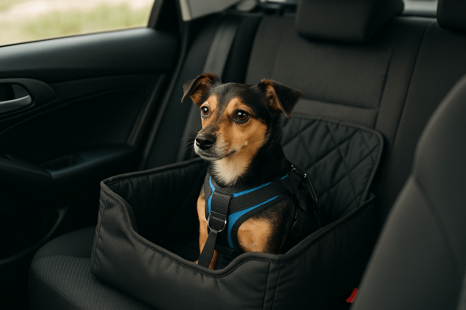 Dog safely secured in car seat with harness