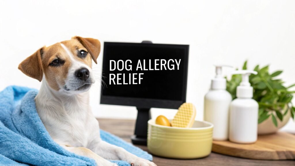 Dog with allergy relief products nearby