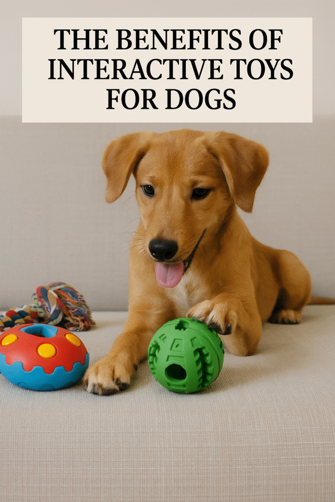 Happy dog playing with colorful interactive toys, including a green puzzle ball and rope toy, symbolizing mental stimulation and playtime benefits