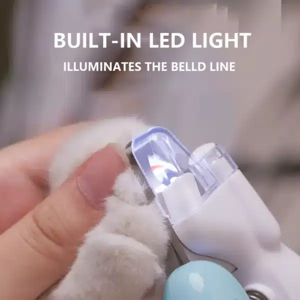 LED pet nail clippers in white and pink with built-in light and ergonomic handle