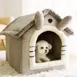 Cozy plush indoor puppy hideout in grey with star pattern and soft removable mat