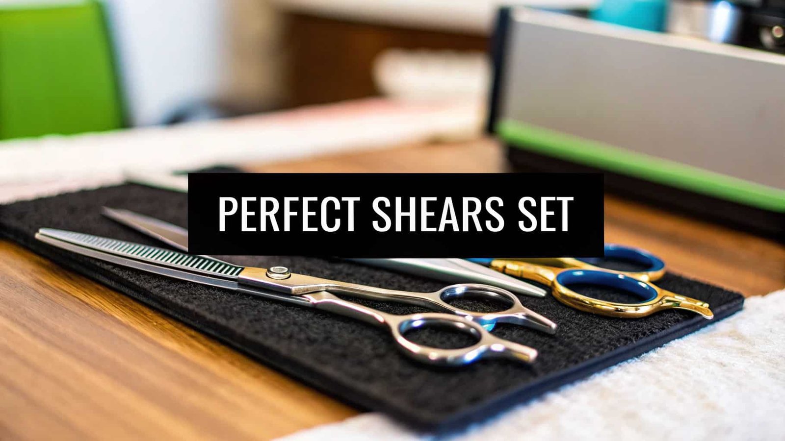 A set of professional hair shears displayed on a black mat.
