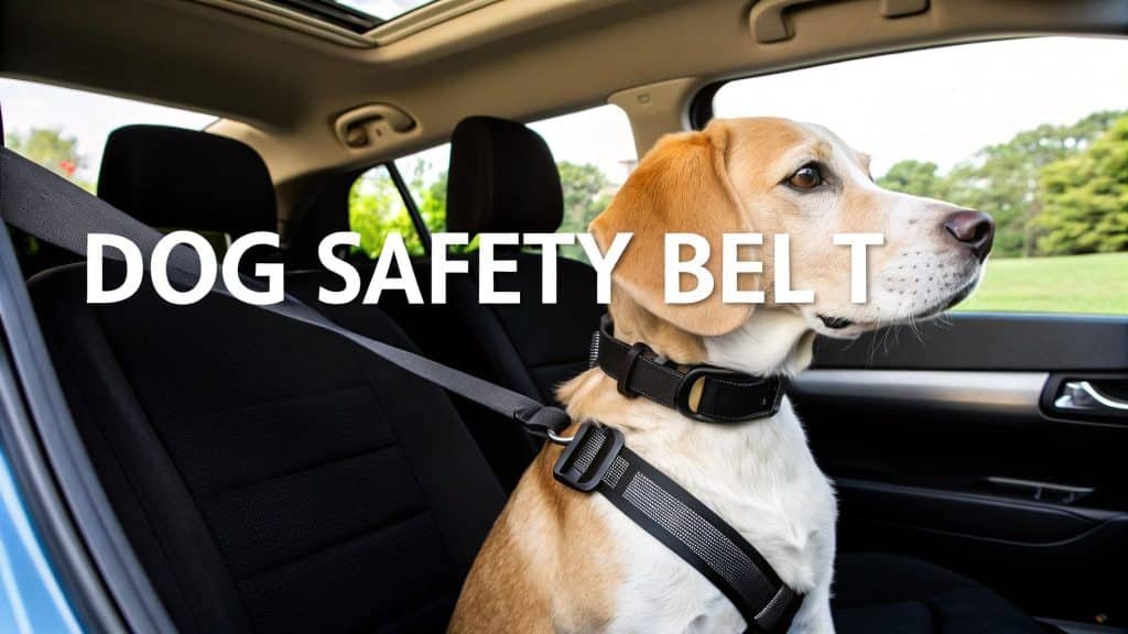 A beagle secured in a car with a safety belt, looking out the window.
