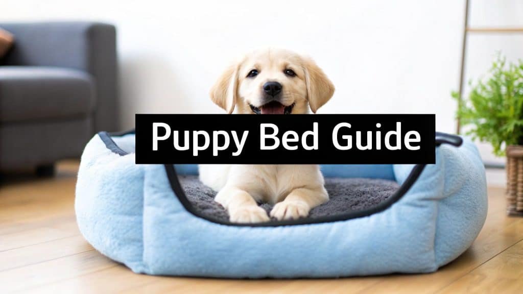 A happy golden retriever puppy sits on a soft blue bed.