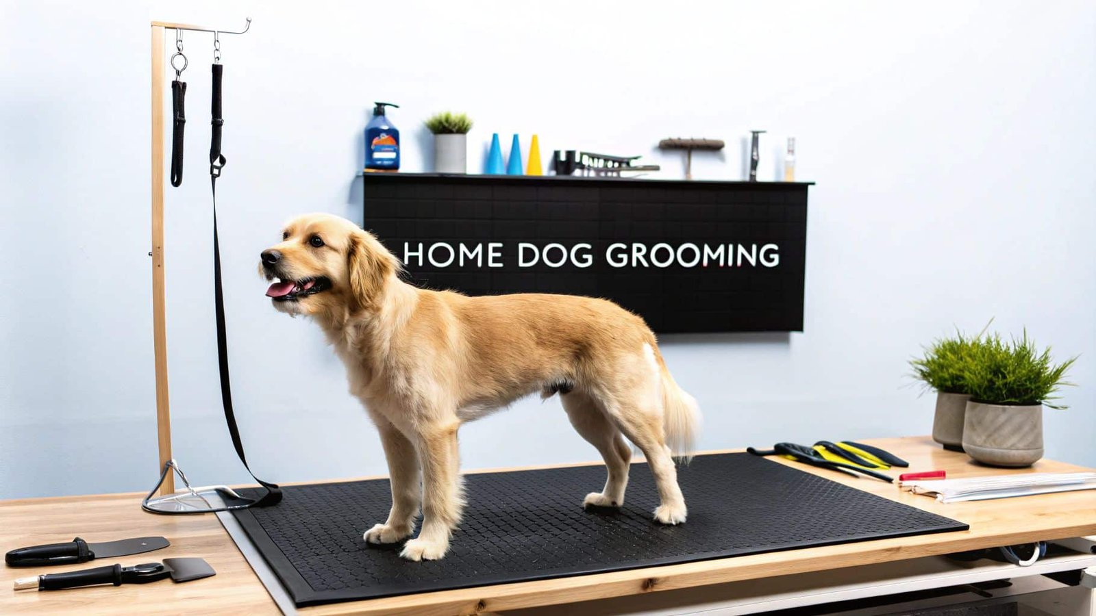 A golden retriever stands on a grooming table.