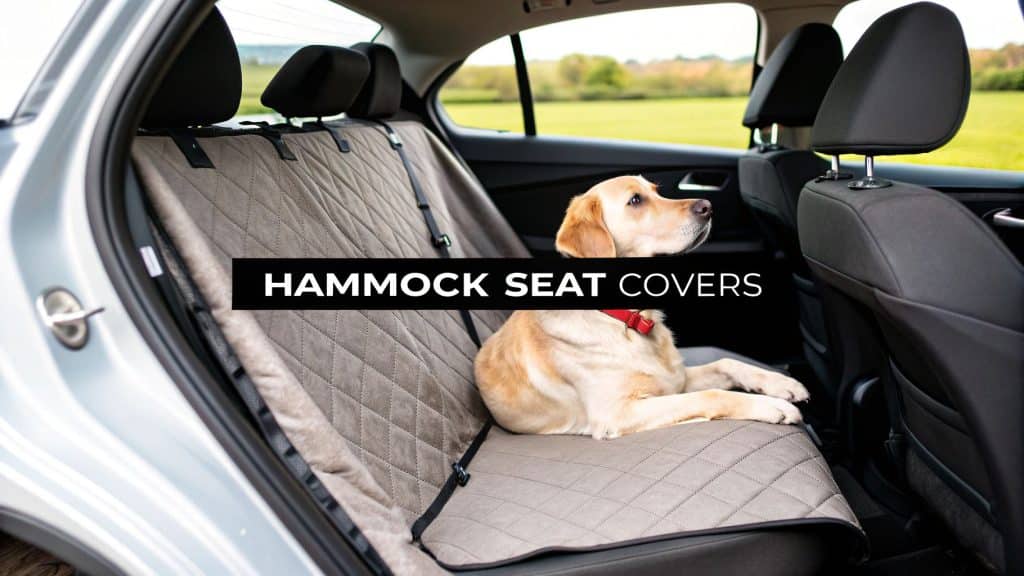 A dog sitting in a car seat, secured with a seat belt, surrounded by a hammock-style seat cover.